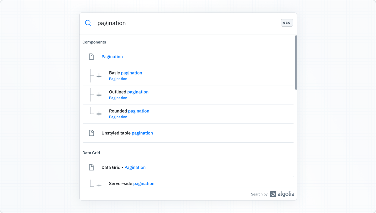 Screenshot of search results for pagination before the documentation restructuring, returning at first results for the Material UI pagination component followed by those for the data grid